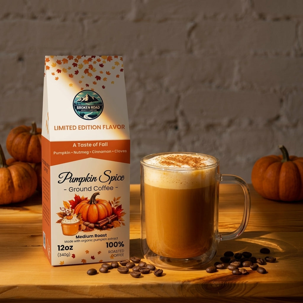 A bag of Brown Road Pumpkin Spice Ground Coffee stands on a wooden table beside a frosted glass mug filled with a latte, with coffee beans scattered around and small pumpkins in the background against a brick wall.