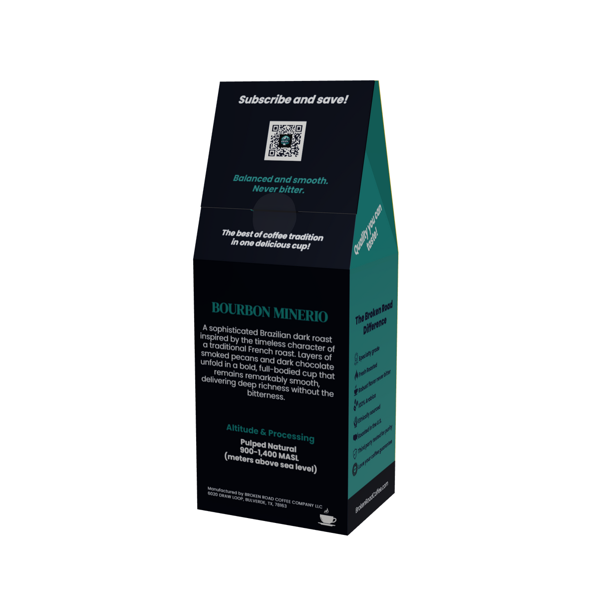 A tall, dark coffee bag package labeled BOURBON MINERIO, shown on a plain white background. The package is mostly black with dark teal side panels and white text, including a QR code and product description.
