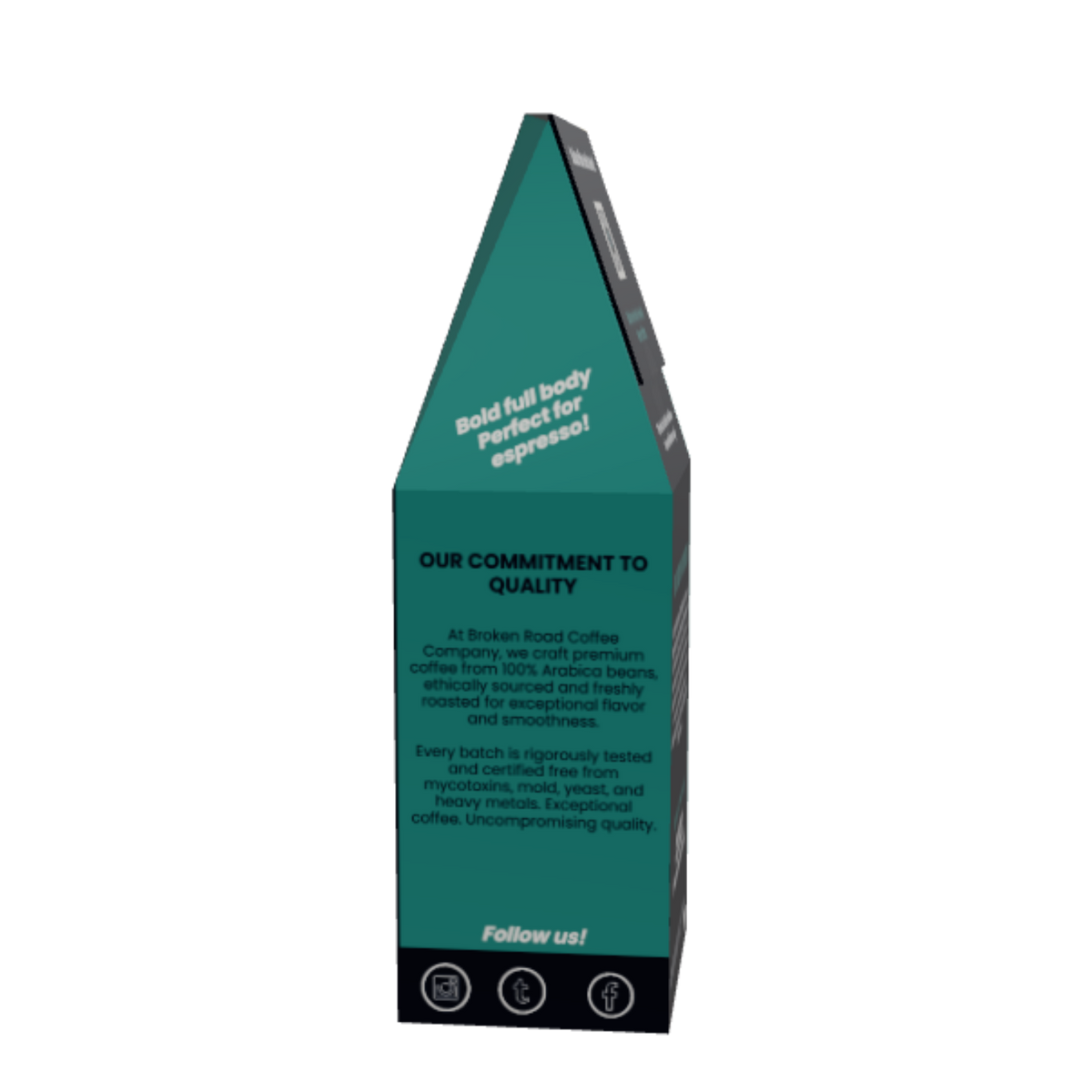 A tall, narrow green colored coffee product Bourbon Minerio coffee with printed text best coffee broken road coffee company