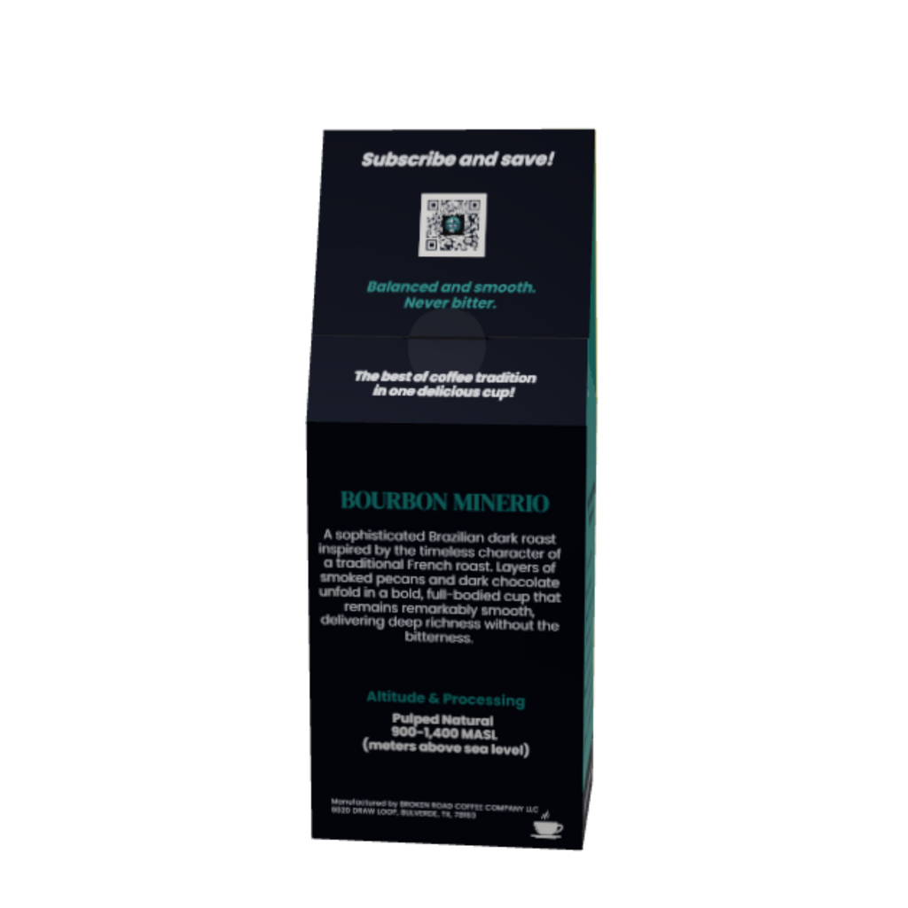 A tall, narrow product box for Bourbon Minero coffee, featuring a dark charcoal gray and black design with teal text and accents, set against a plain white background.