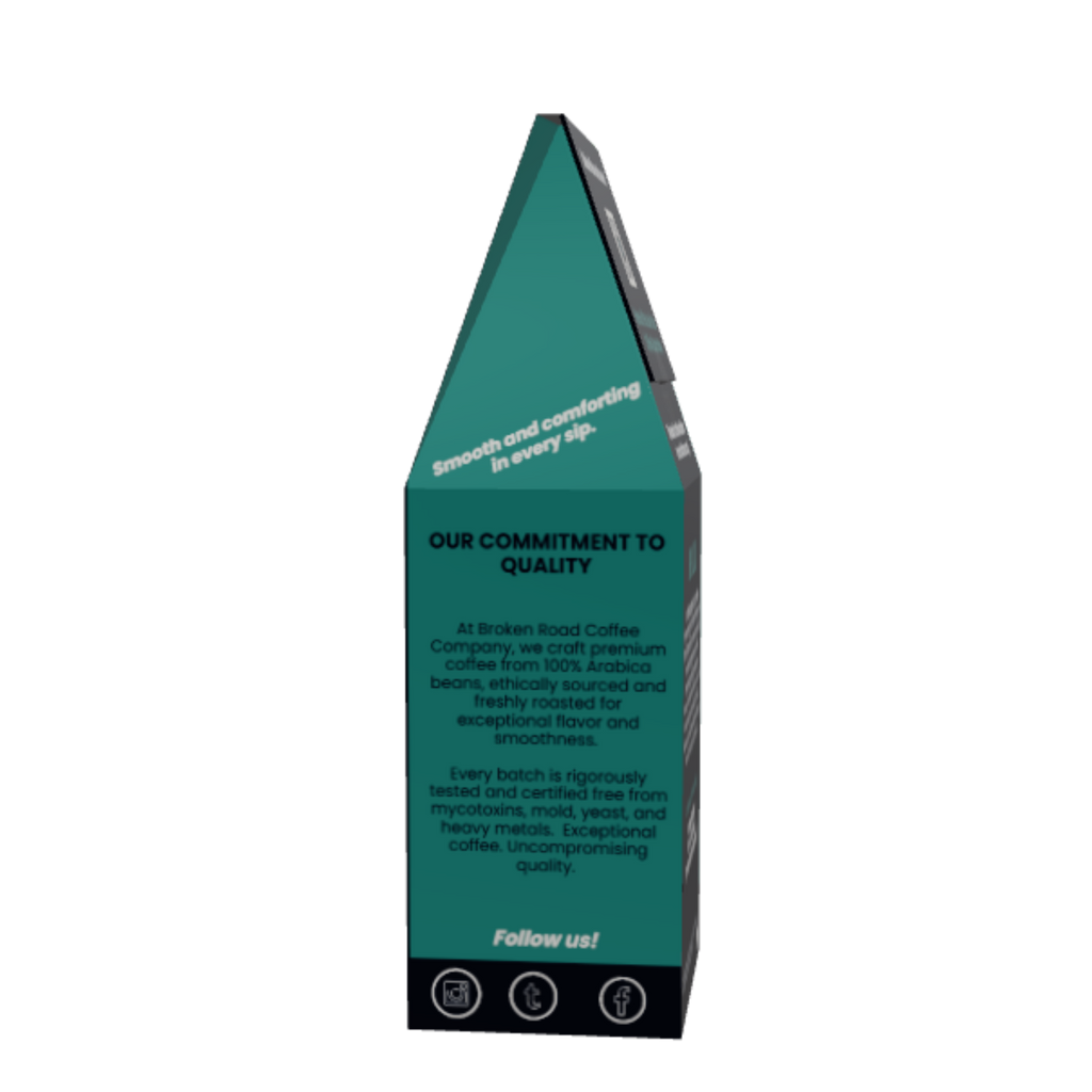 A tall, pyramid-shaped dark teal product package of Brazil single origin coffee with our commitment to quality broken road coffee company