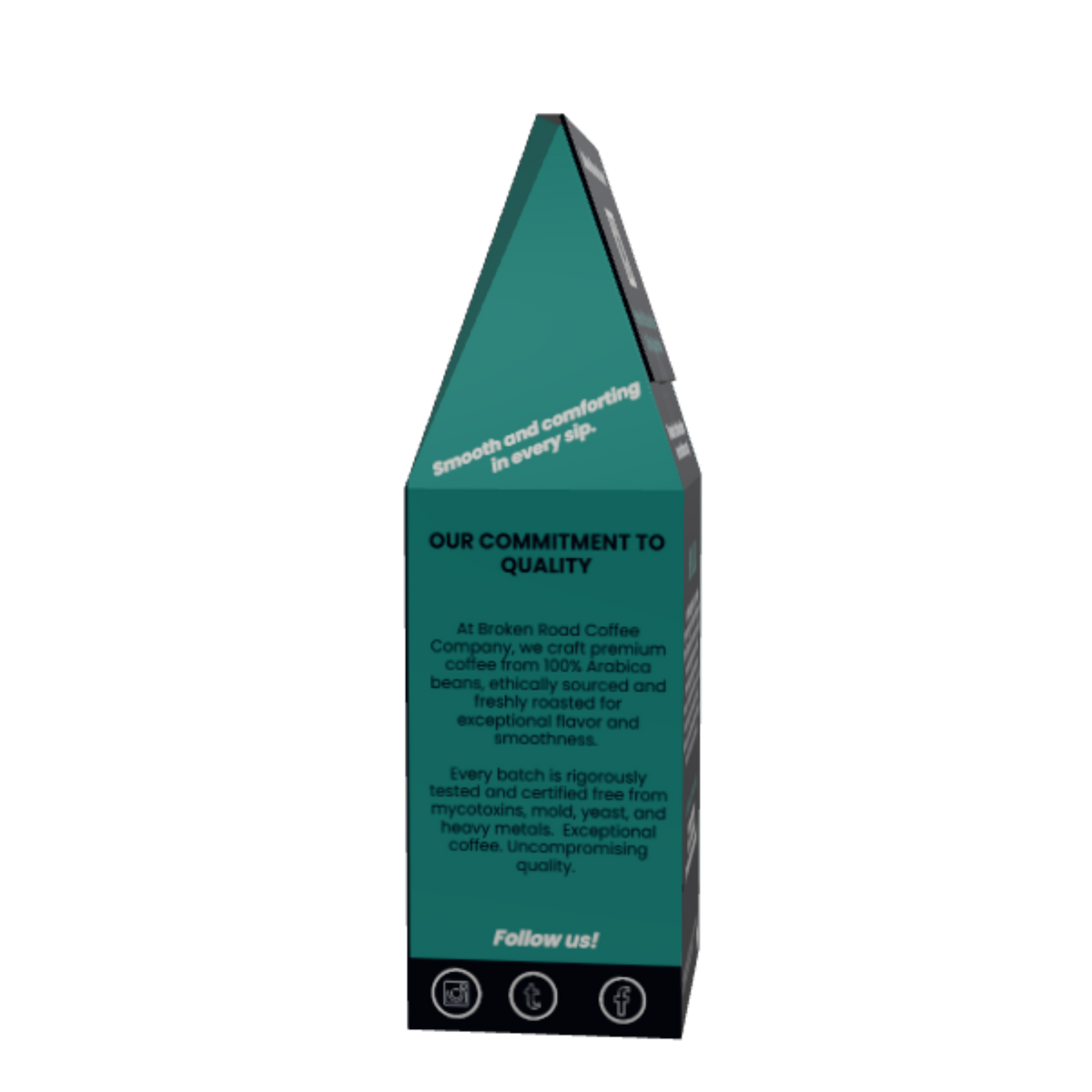 A tall, pyramid-shaped dark teal product package of Brazil single origin coffee with our commitment to quality broken road coffee company