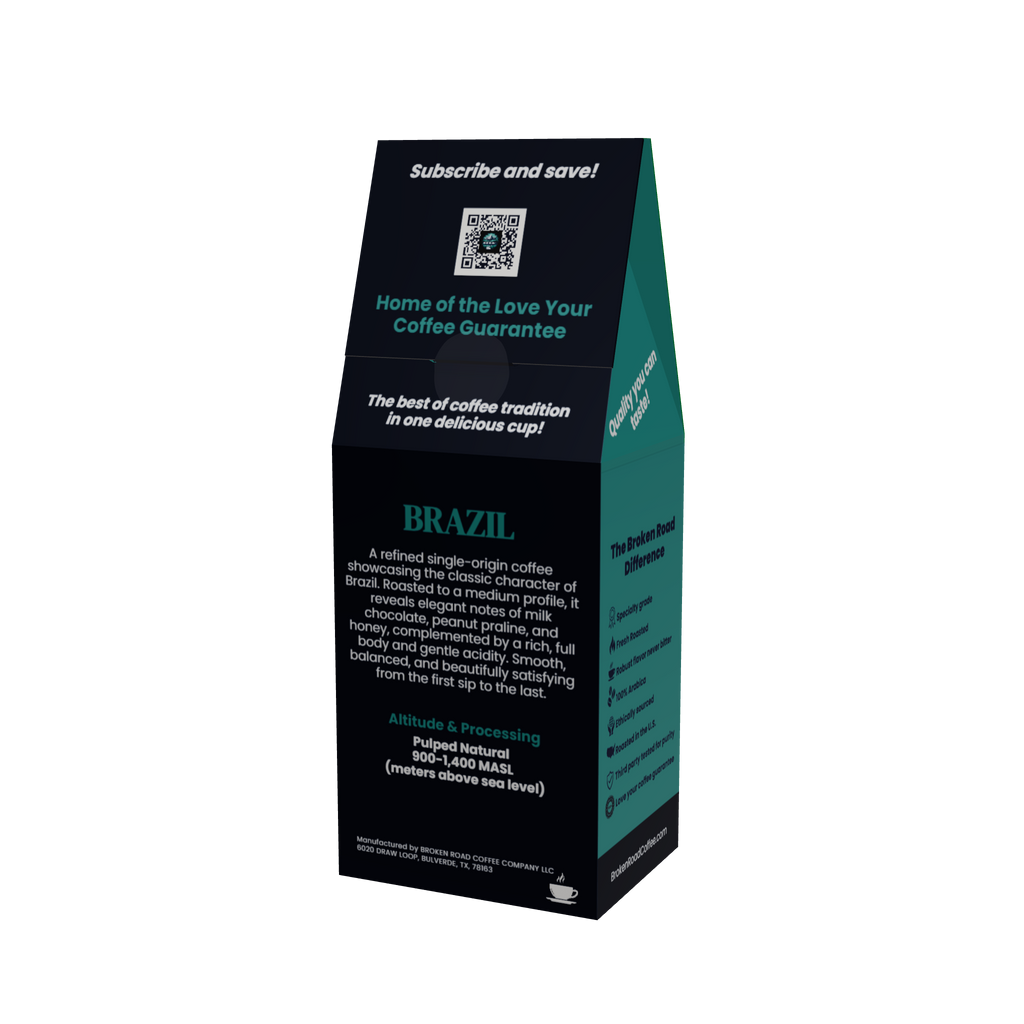 A tall, black coffee bag package with teal side panels and white text, shown on a plain white background. The front reads 'Subscribe and save!' and 'Home of the Love Your Coffee Guarantee,' with 'BRAZIL' single origin coffee printed prominently on the side.