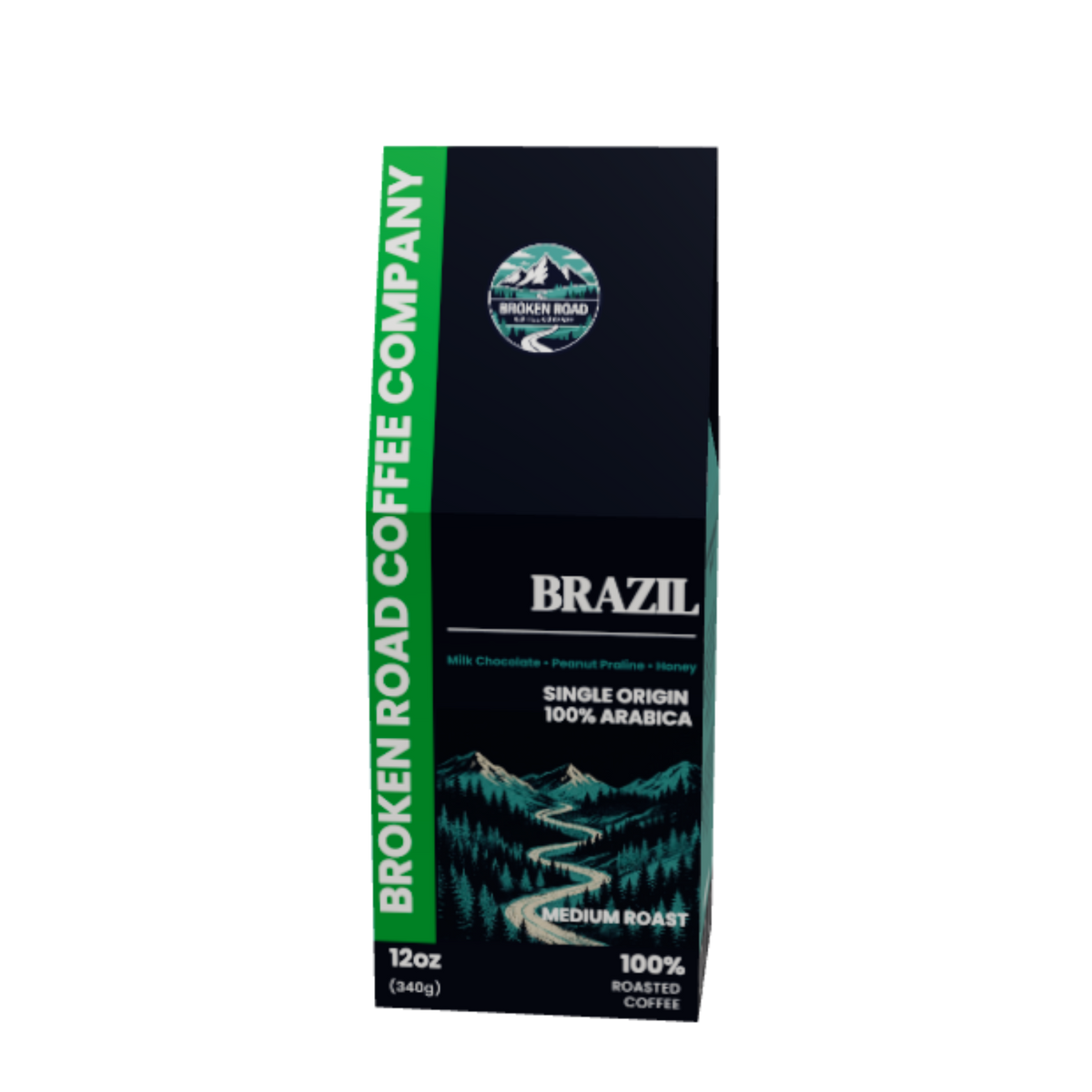 Brazil single origin coffee product in tall carton arabica beans mountain scenery best single origin coffee broken road coffee company