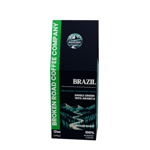 Brazil single origin coffee product in tall carton arabica beans mountain scenery best single origin coffee broken road coffee company