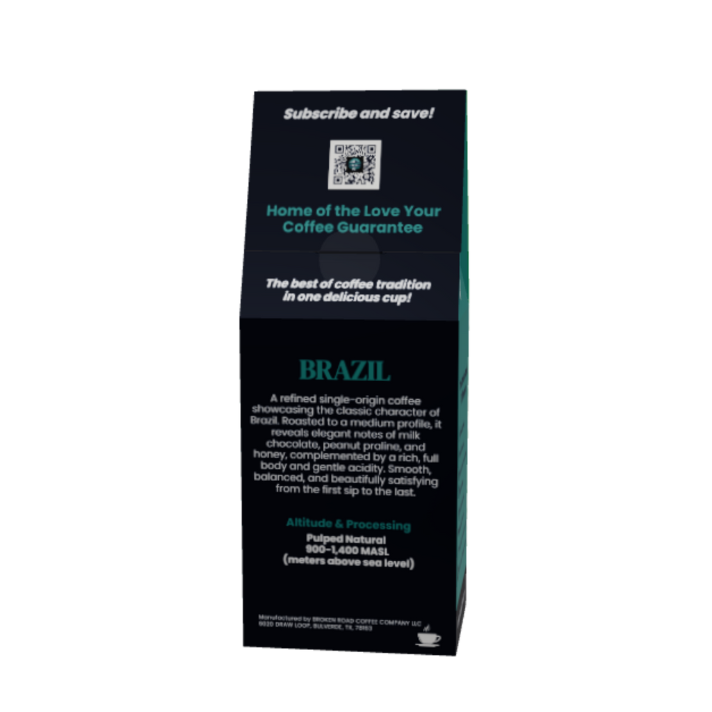 A tall, narrow black coffee bag package standing upright on a plain white background. The front has teal and white text, including the brand name BRAZIL and product details.