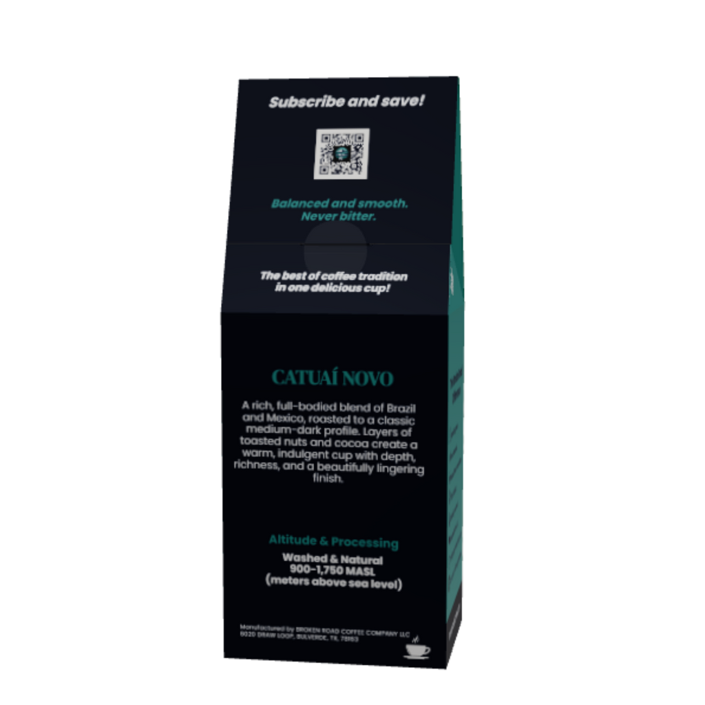 A tall, narrow black coffee bag package with white and teal text, photographed upright on a plain white background. The front shows the brand name Catuai Novo coffee and descriptive product text.