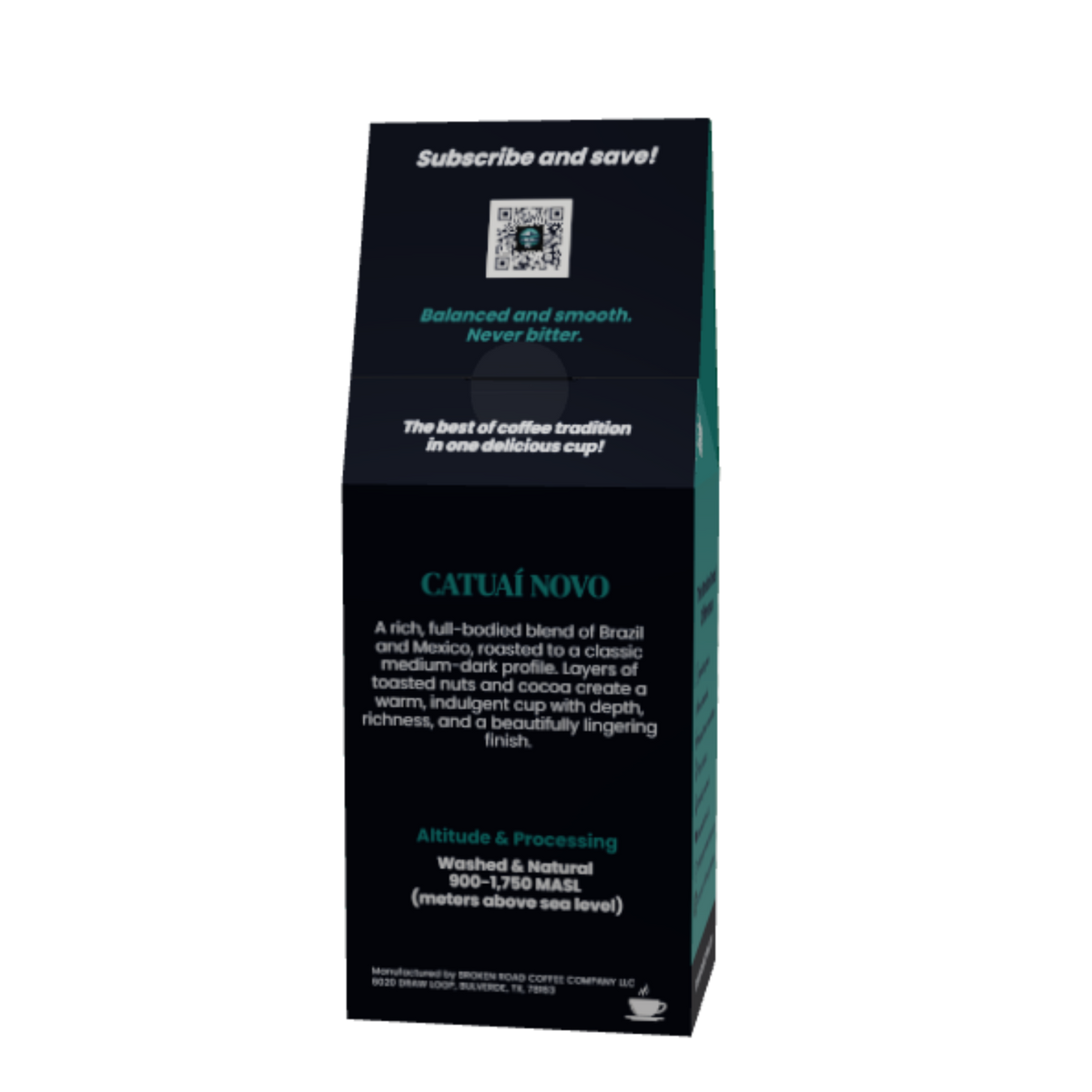 A tall, narrow black coffee bag package with white and teal text, photographed upright on a plain white background. The front shows the brand name Catuai Novo coffee and descriptive product text.