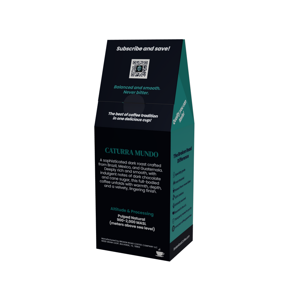 A coffee bag package for Caturra Mundo, shown at a three-quarter angle on a plain white background. The packaging is primarily black with a dark teal side panel and white text.