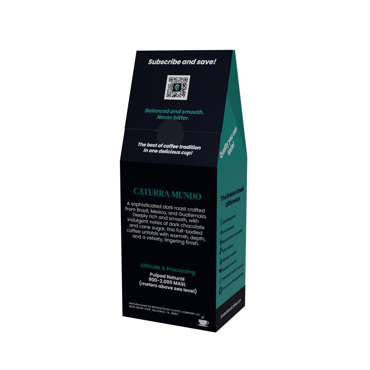A coffee bag package for Caturra Mundo, shown at a three-quarter angle on a plain white background. The packaging is primarily black with a dark teal side panel and white text.