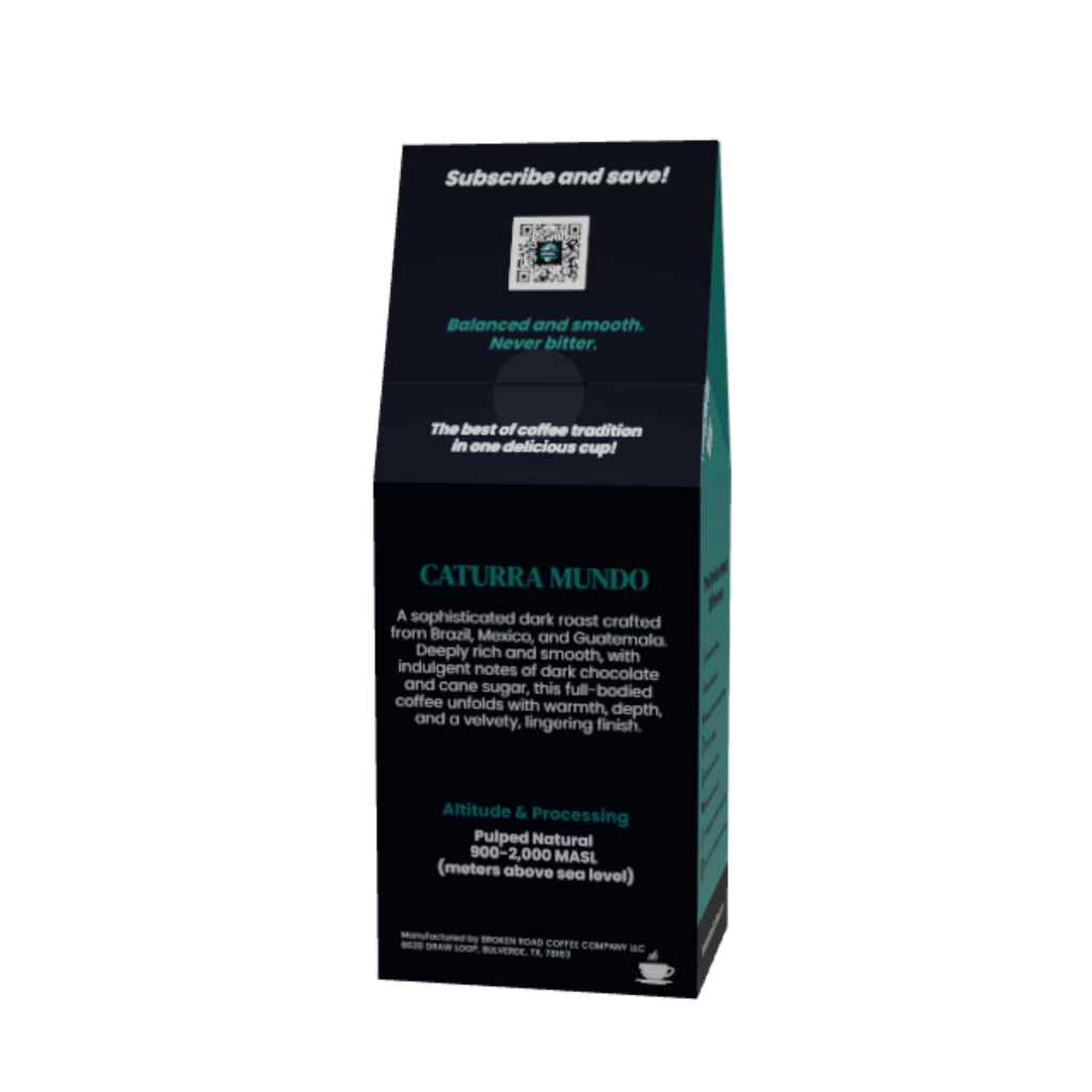 A tall, narrow black coffee bag package with teal and white text, shown on a plain white background. The front reads 'CATTURA MUNDO' and includes a QR code and subscription text.