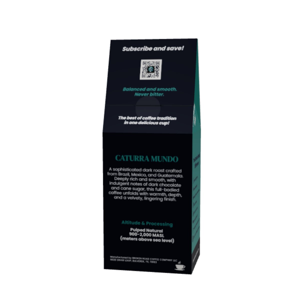 A tall, narrow black coffee bag package with teal and white text, shown on a plain white background. The front reads 'CATTURA MUNDO' and includes a QR code and subscription text.