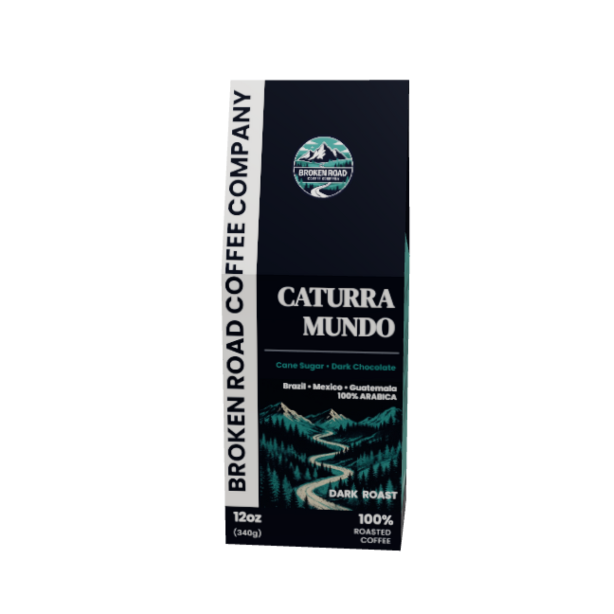A single box of Broken Road Coffee Company Caturra Mundo dark roast coffee, shown against a plain white background.