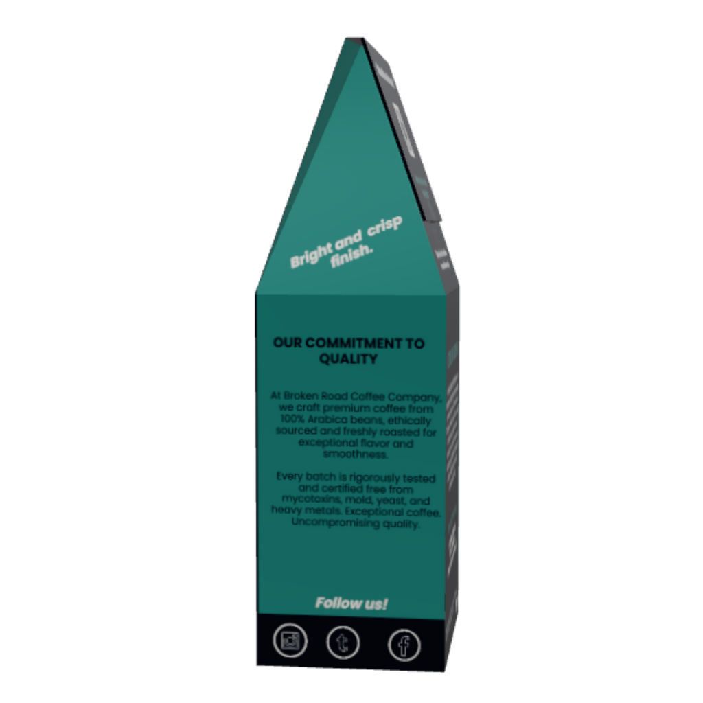 A tall, narrow pyramid-shaped coffee Cerrado Chiapas product box or display stand in dark teal green with black text panels and small circular icons at the base, shown on a plain white background.