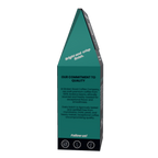 A tall, narrow pyramid-shaped coffee Cerrado Chiapas product box or display stand in dark teal green with black text panels and small circular icons at the base, shown on a plain white background.