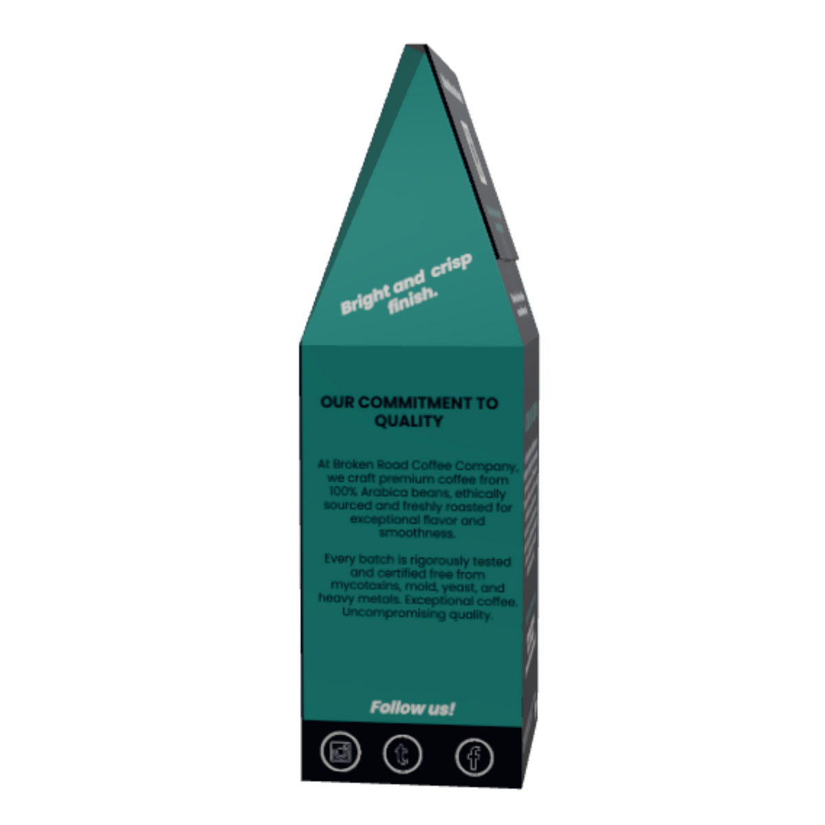 A tall, narrow pyramid-shaped coffee Cerrado Chiapas product box or display stand in dark teal green with black text panels and small circular icons at the base, shown on a plain white background.