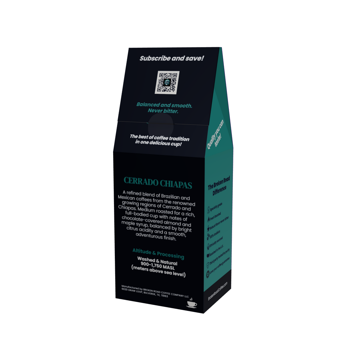 A tall, black coffee bag package with teal side panels and white text, shown on a plain white background. The front reads 'Subscribe and save!' with a QR code, and the side shows the brand name 'Cerrado Chiapas' coffee.