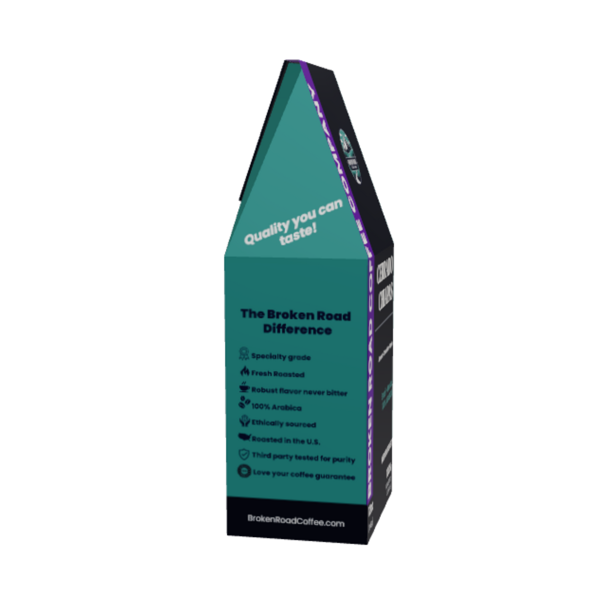 A tall, narrow product box of Cerrado Chiapas coffee for Broken Road Coffee, featuring a teal and black design with white text and a small purple accent stripe, shown on a plain white background.