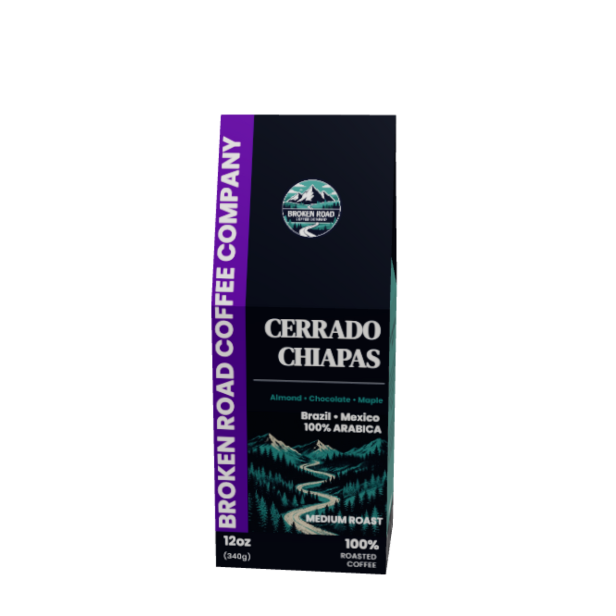 A 12oz box of Broken Road Coffee Company Cerrado Chiapas coffee, featuring a dark green and black design with a purple side banner and a scenic mountain illustration.