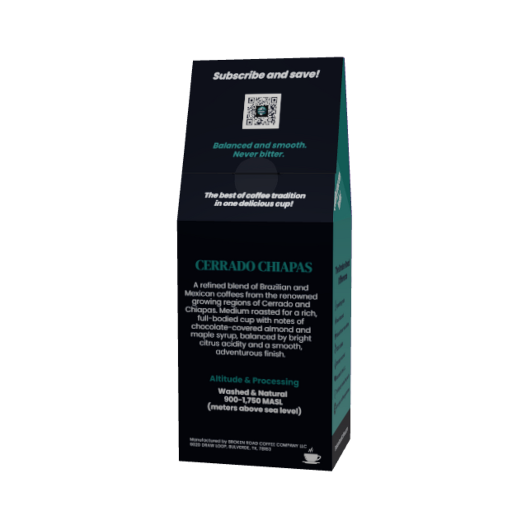 A tall, narrow coffee bag package for Cerrado Chapas, shown upright on a plain white background. The packaging is predominantly black with dark teal accents and white text, featuring a small QR code and product details.