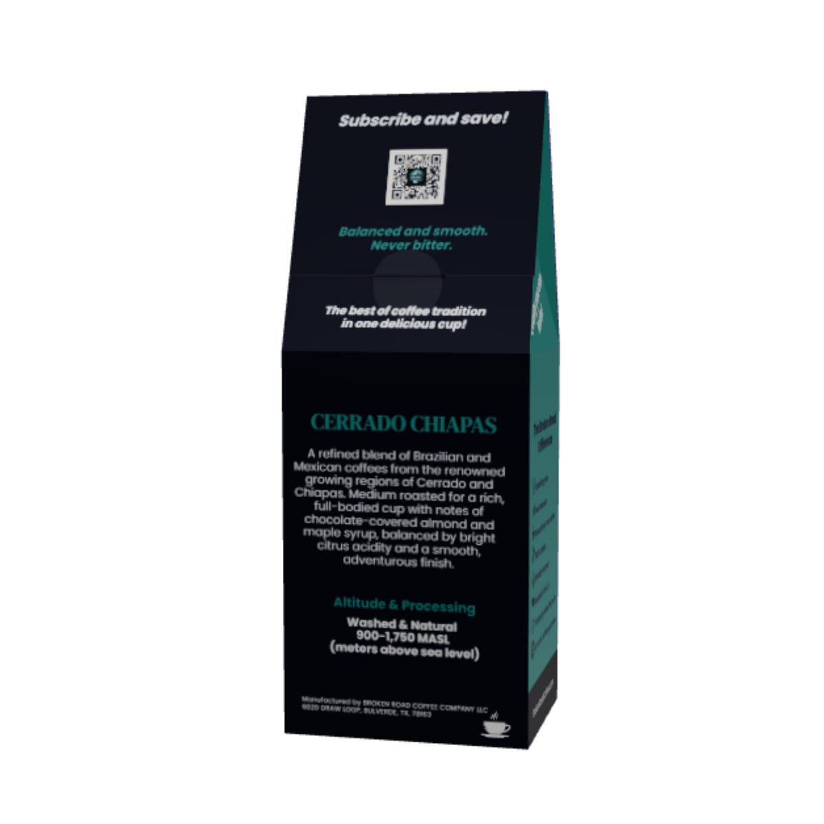 A tall, narrow coffee bag package for Cerrado Chapas, shown upright on a plain white background. The packaging is predominantly black with dark teal accents and white text, featuring a small QR code and product details.