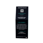 A tall, narrow black product box for Colombia coffee, featuring teal and white text on a plain white background.