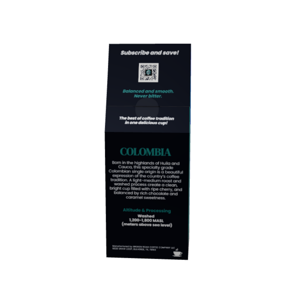 A tall, narrow black product box for Colombia coffee, featuring teal and white text on a plain white background.