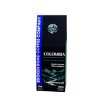 A 12oz package of Broken Road Coffee Company Colombia single-origin 100% Arabica coffee, featuring a dark blue and black design with a blue vertical banner on the left and a scenic mountain illustration.
