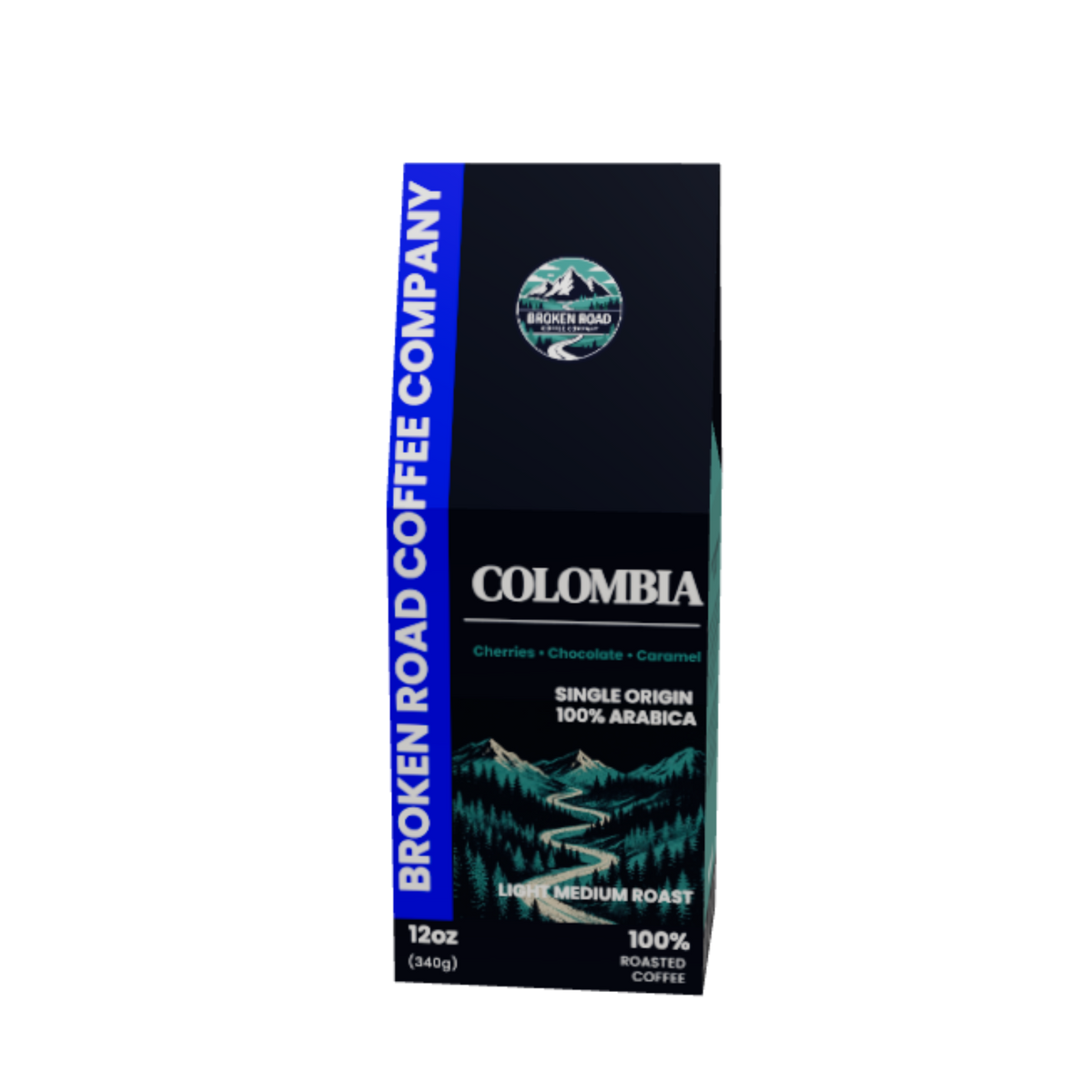 A 12oz package of Broken Road Coffee Company Colombia single-origin 100% Arabica coffee, featuring a dark blue and black design with a blue vertical banner on the left and a scenic mountain illustration.