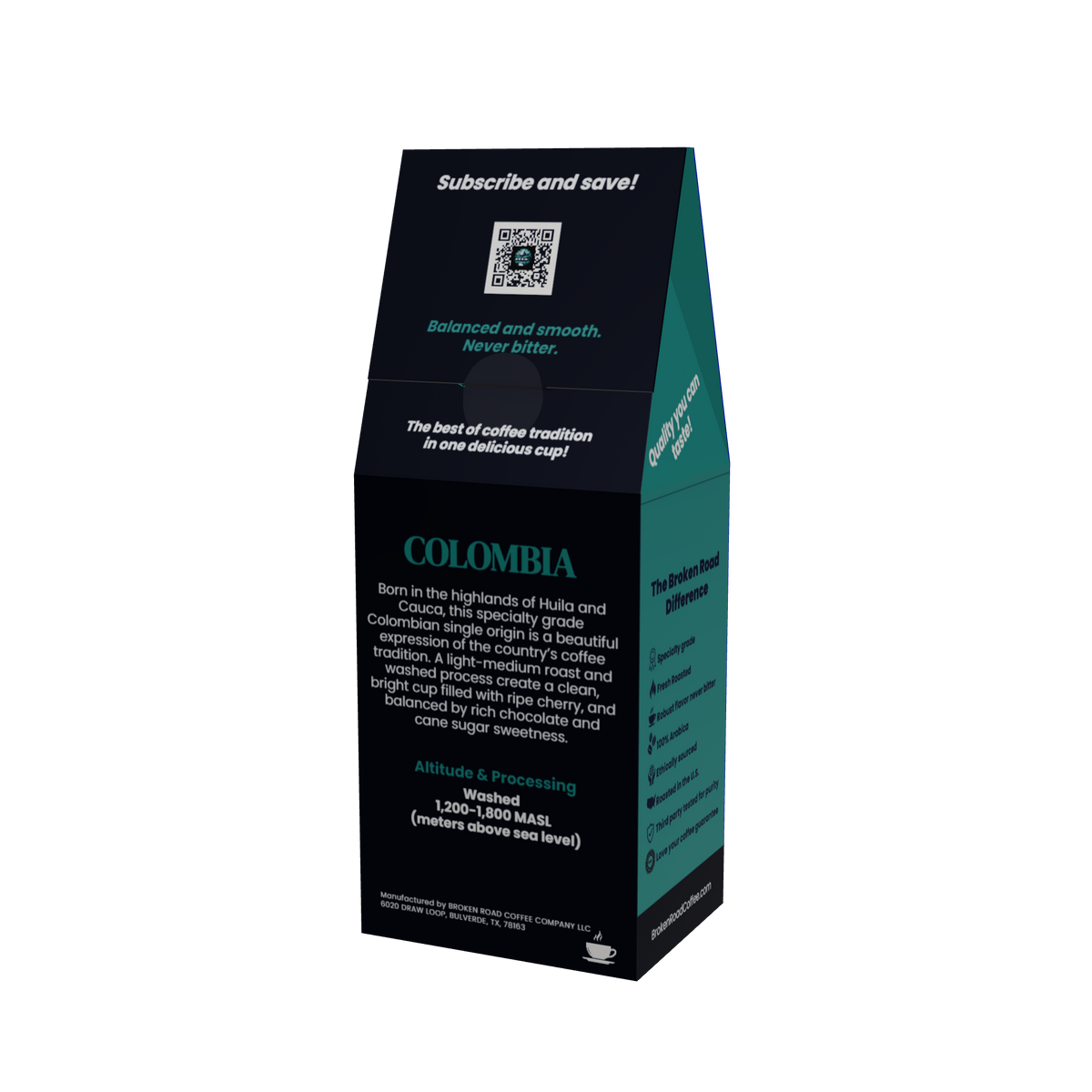 A coffee bag package shown upright on a plain white background. The bag is predominantly black with teal side panels and white text, featuring the word COLOMBIA coffee prominently on the front.