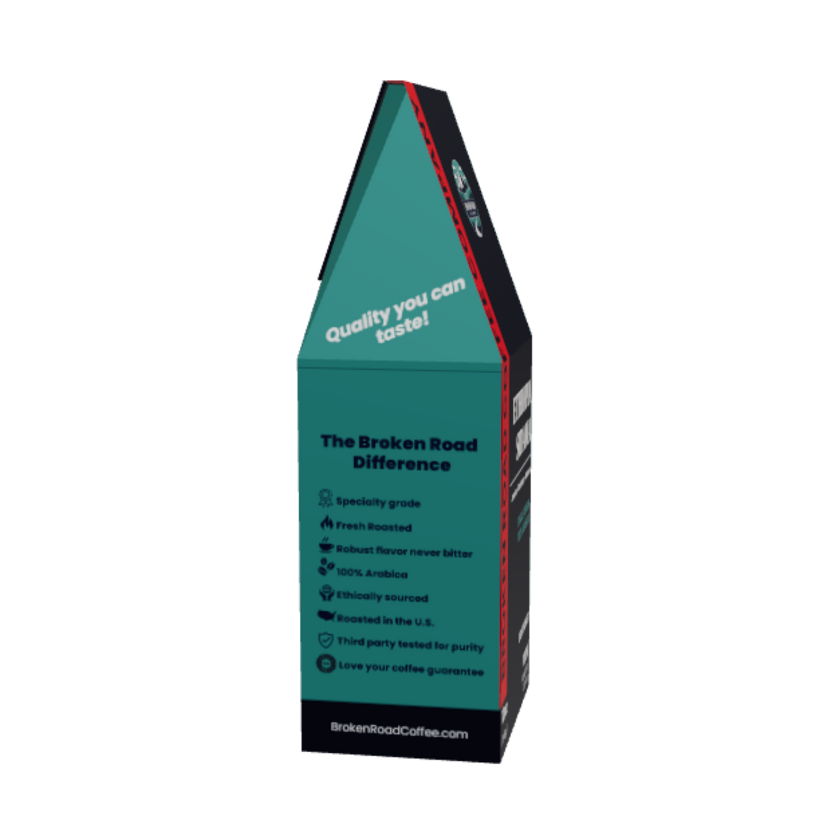 A tall, narrow product box for Broken Road Coffee Roastery, featuring a teal and black design with white text, photographed on a solid white background.
