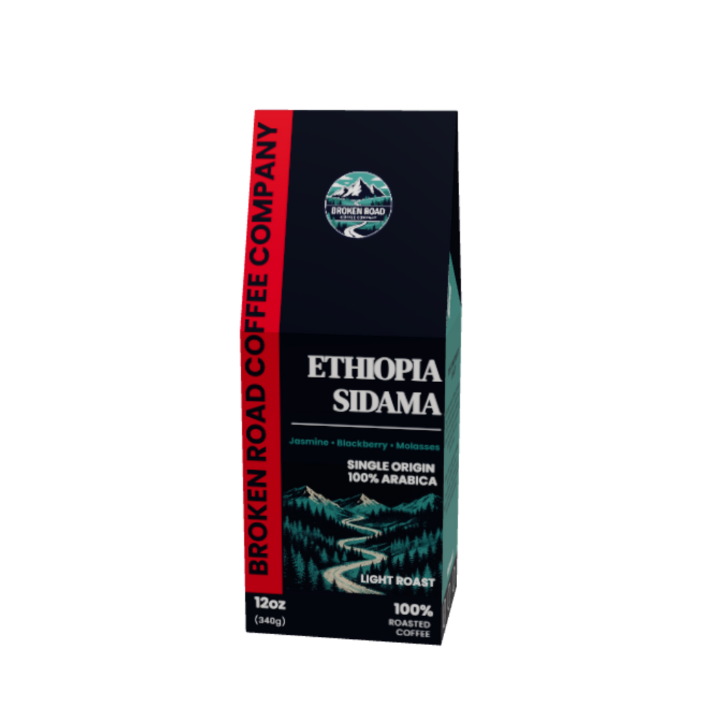 A 12oz bag of Broken Road Coffee Company Ethiopia Sidama single origin coffee, featuring a dark navy blue bag with a red vertical stripe on the side and white text.