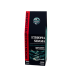 A 12oz bag of Broken Road Coffee Company Ethiopia Sidama single origin coffee, featuring a dark navy blue bag with a red vertical stripe on the side and white text.