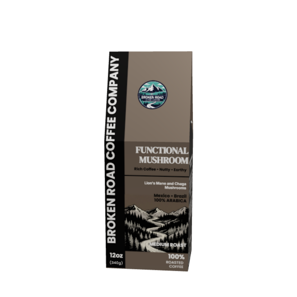 A dark brown paper packaging sleeve for Functional Mushroom coffee, shown on a clean white background. The packaging features a QR code and product details printed in white text.