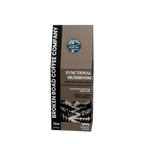 A dark brown paper packaging sleeve for Functional Mushroom coffee, shown on a clean white background. The packaging features a QR code and product details printed in white text.
