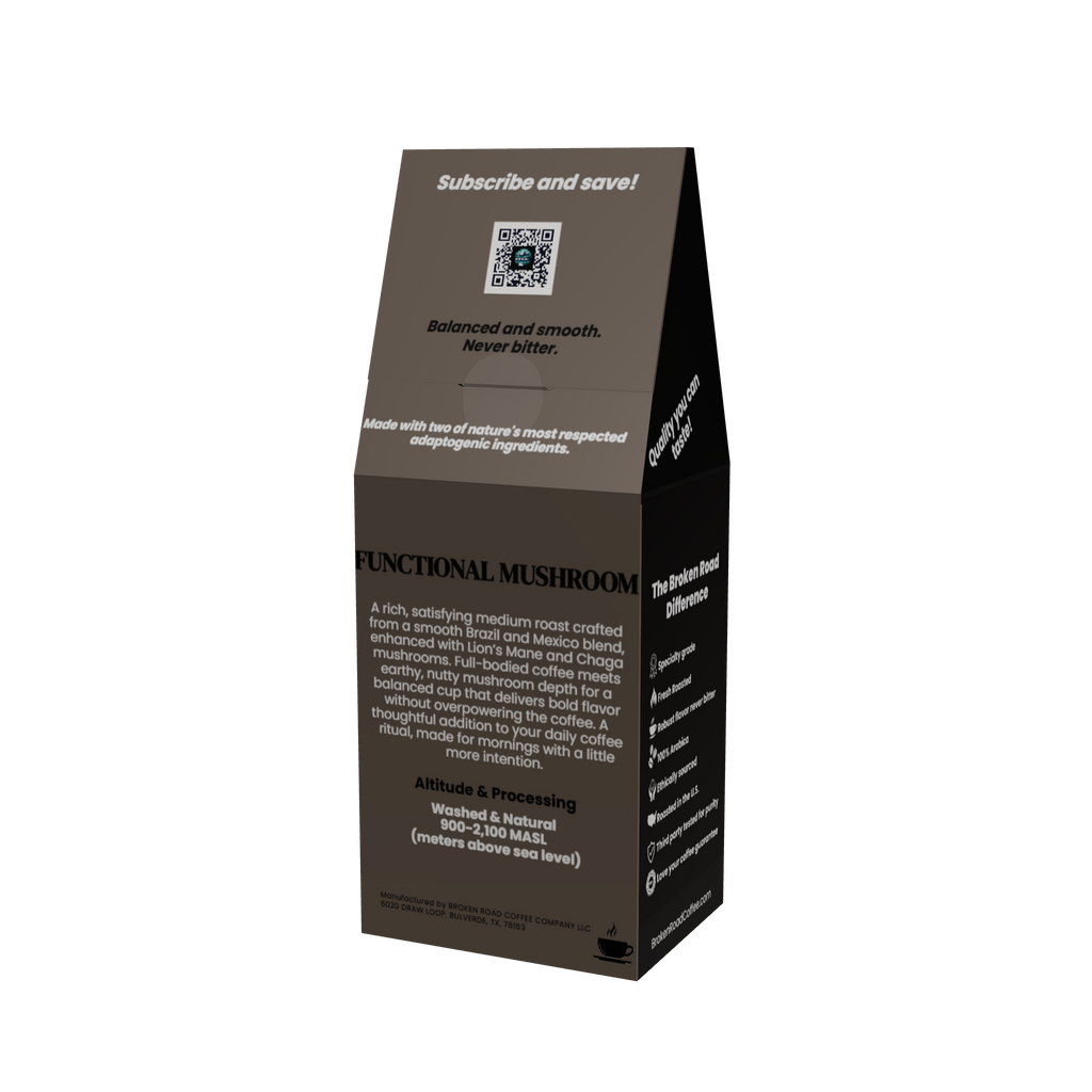 A dark brown paper packaging sleeve for Functional Mushroom coffee, shown on a clean white background. The packaging features a QR code and product details printed in white text.