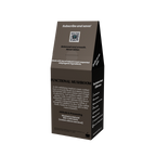 A dark brown paper packaging sleeve for Functional Mushroom coffee, shown on a clean white background. The packaging features a QR code and product details printed in white text.