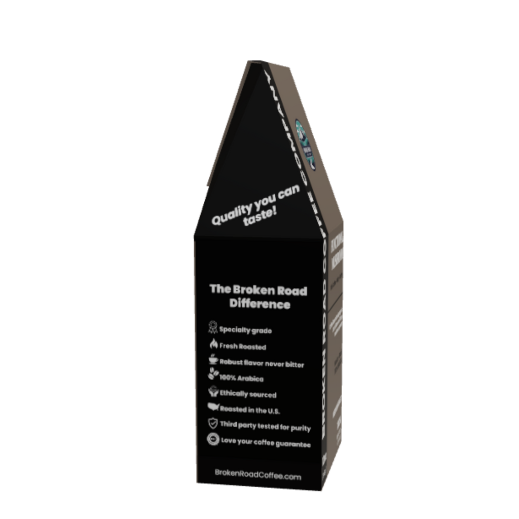 A tall, narrow black coffee bag package with white text reading 'The Broken Road Difference' and a small 'brokenroadcoffee.com' URL at the bottom, shown on a plain white background.