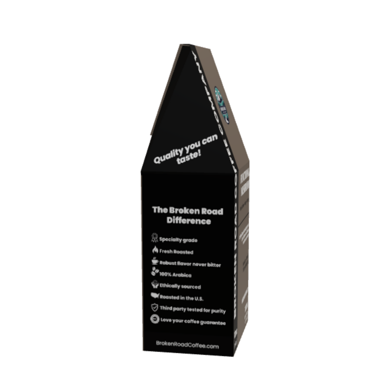 A tall, narrow black coffee bag package with white text reading 'The Broken Road Difference' and a small 'brokenroadcoffee.com' URL at the bottom, shown on a plain white background.