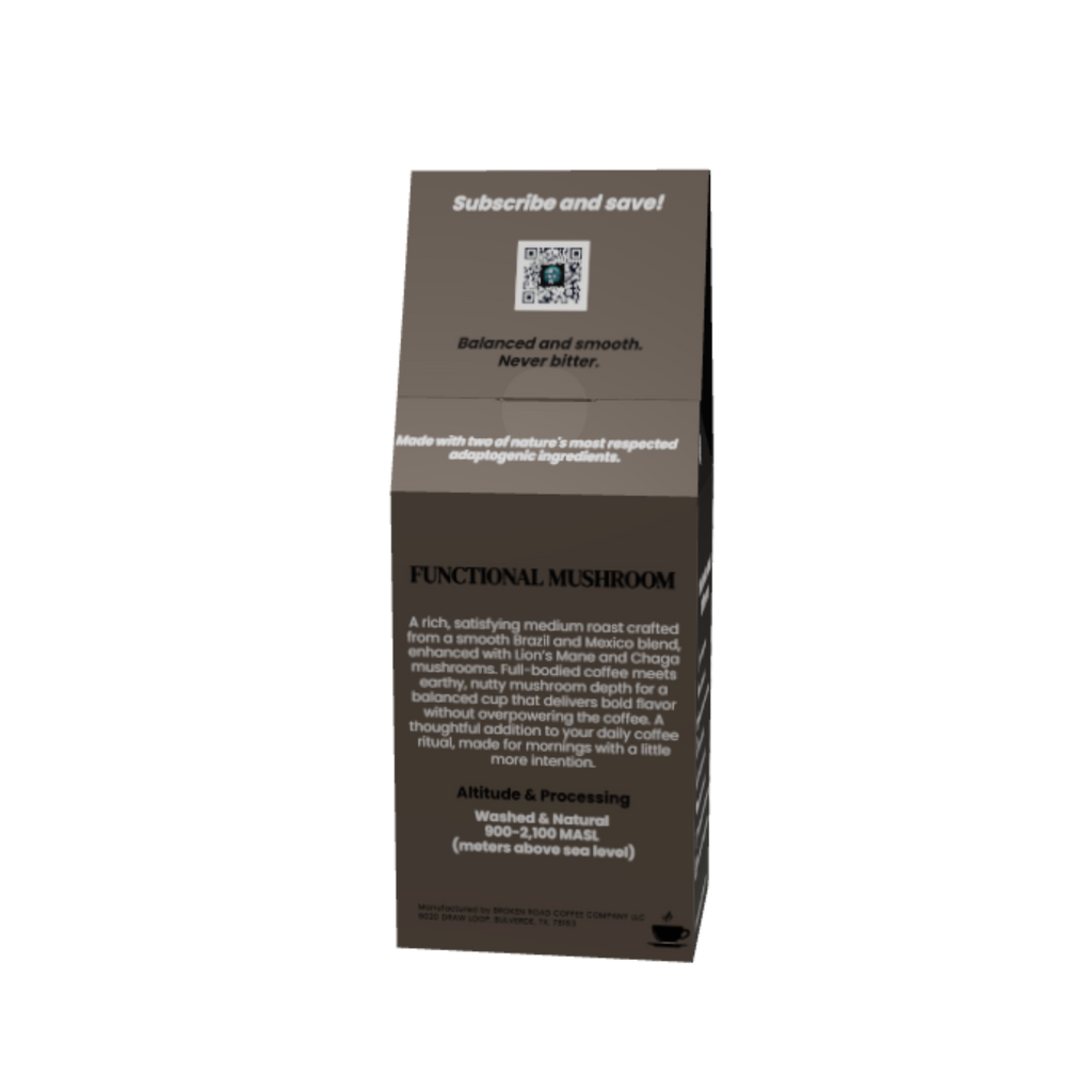 A tall, narrow brown paperboard box for a functional mushroom product, shown against a plain white background. The box features white text detailing the product's benefits and ingredients.