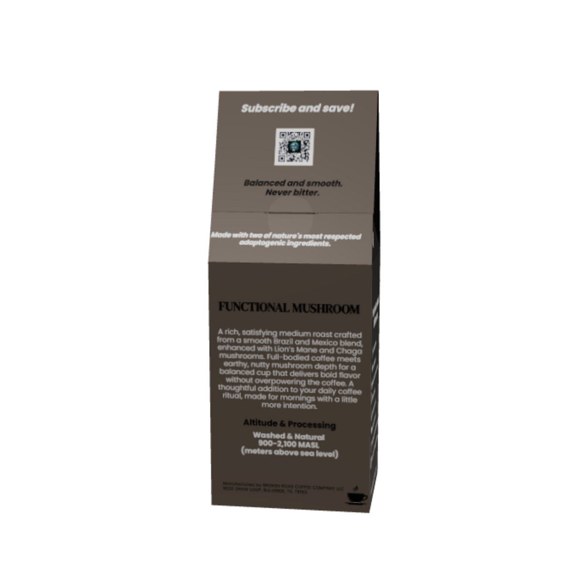A tall, narrow brown paperboard box for a functional mushroom product, shown against a plain white background. The box features white text detailing the product's benefits and ingredients.