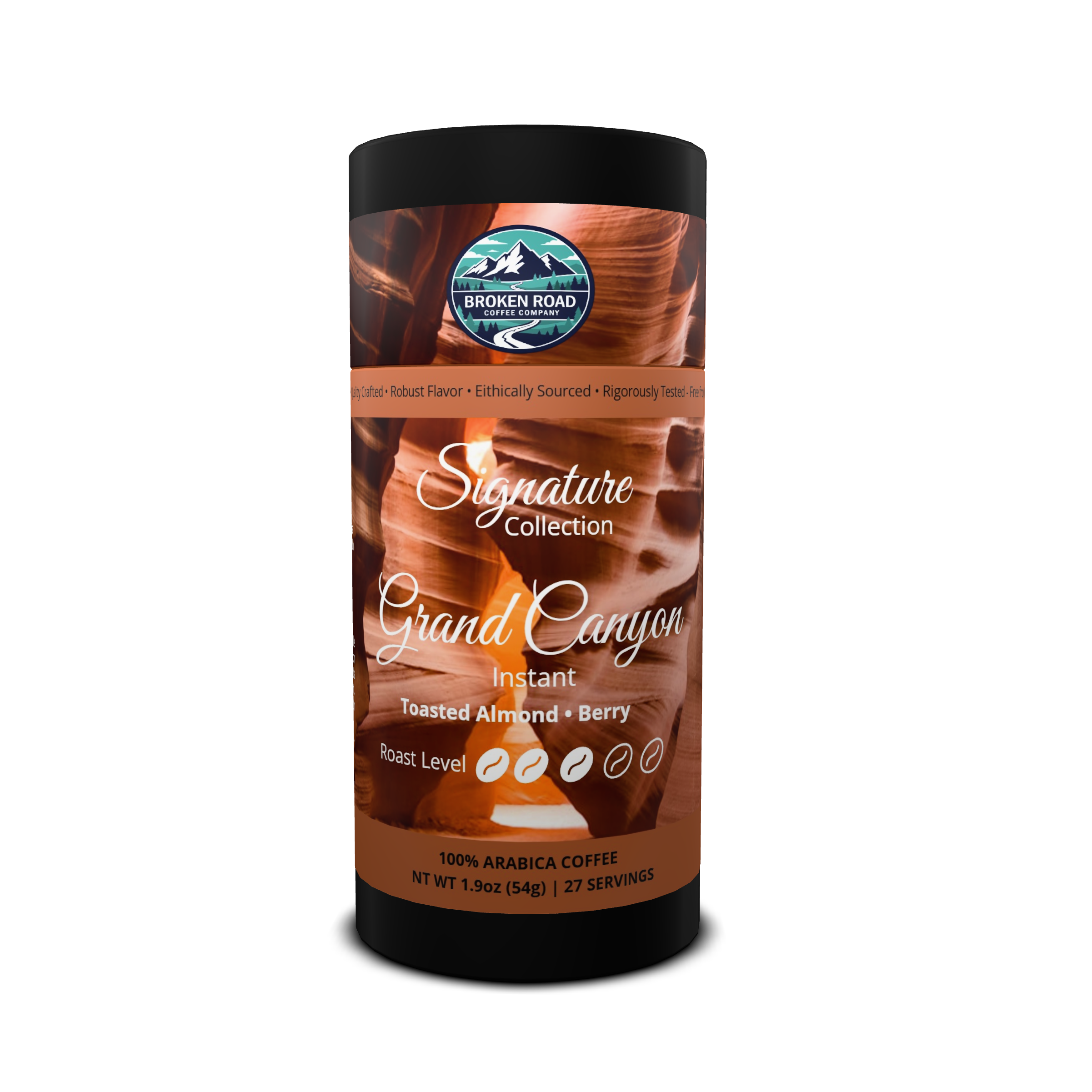 A single cylindrical canister of Broken Road Coffee Signature Collection Grand Canyon Instant Roasted Almond + Berry coffee, shown on a canyon and black background.