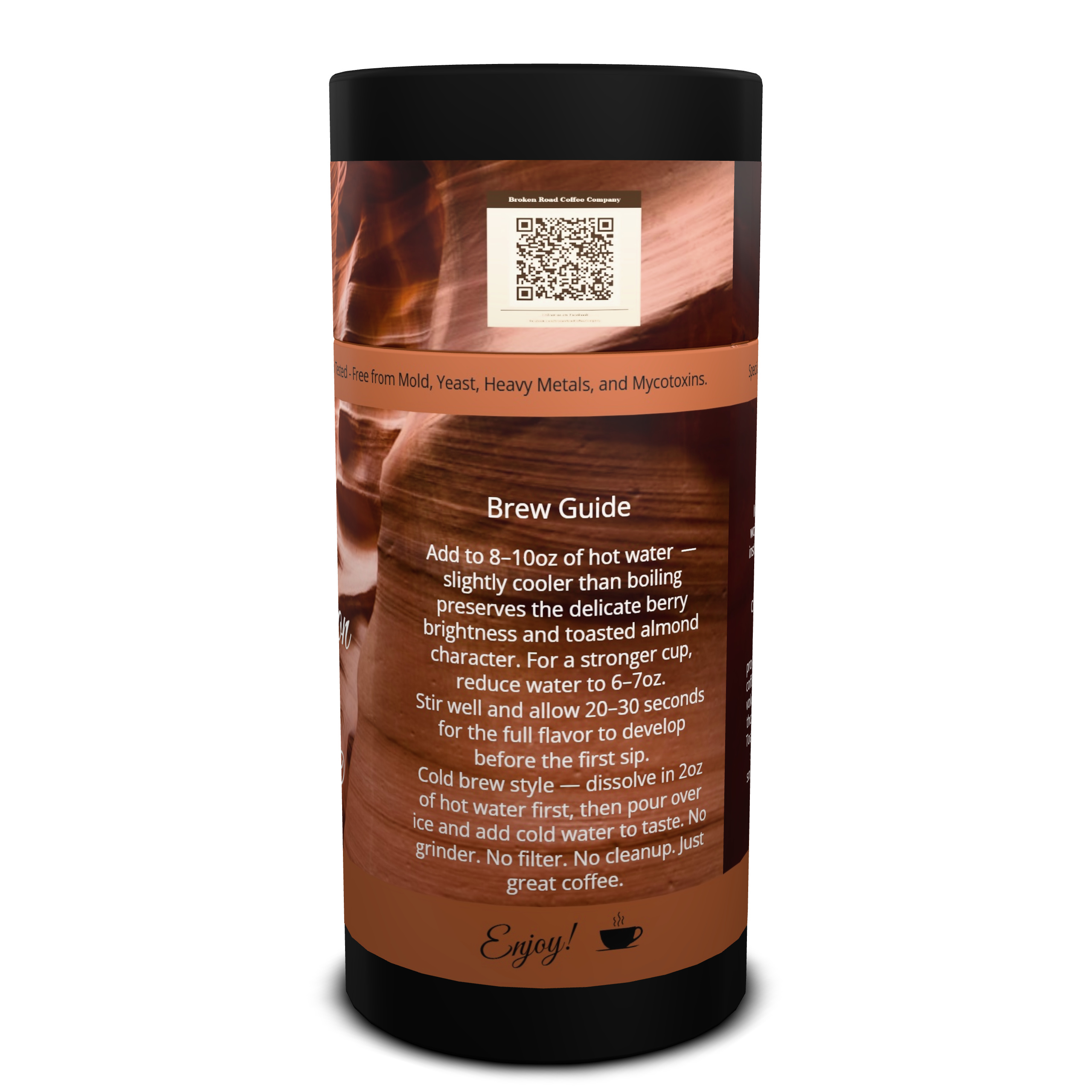 A cylindrical coffee bean canister with a black top and bottom and a brown label featuring a grand canyon red rock graphic, a QR code, and a 'Brew Guide' text section on a white background.