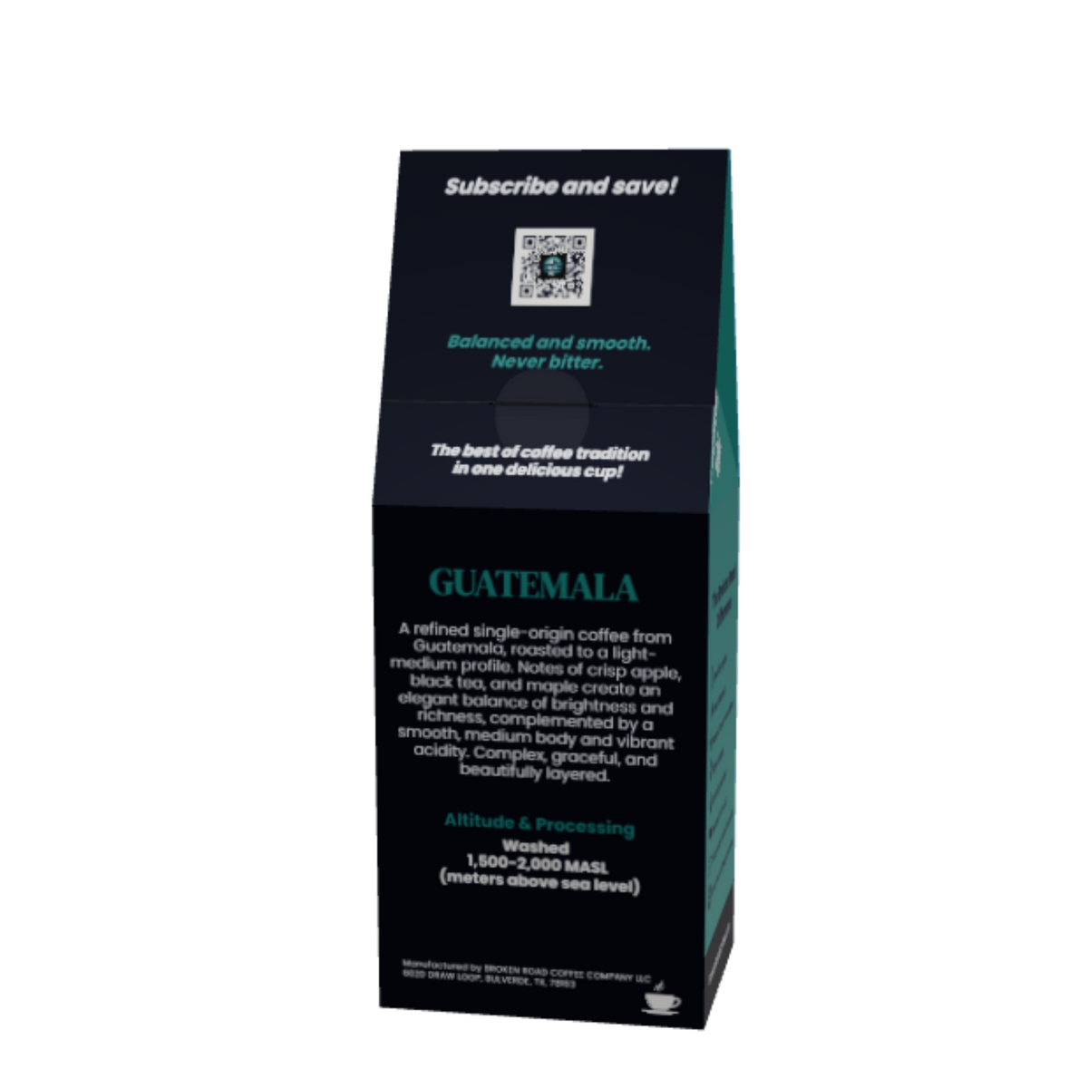 A tall, narrow black coffee bag package with teal and white text, photographed on a plain white background. The front prominently reads 'GUATEMALA' and includes descriptive coffee text and a small QR code.