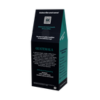 A tall, black coffee bag package with teal side panels and white text, photographed on a clean white background. The front reads 'Subscribe and save!' and 'Guatemala,' with a QR code near the top.