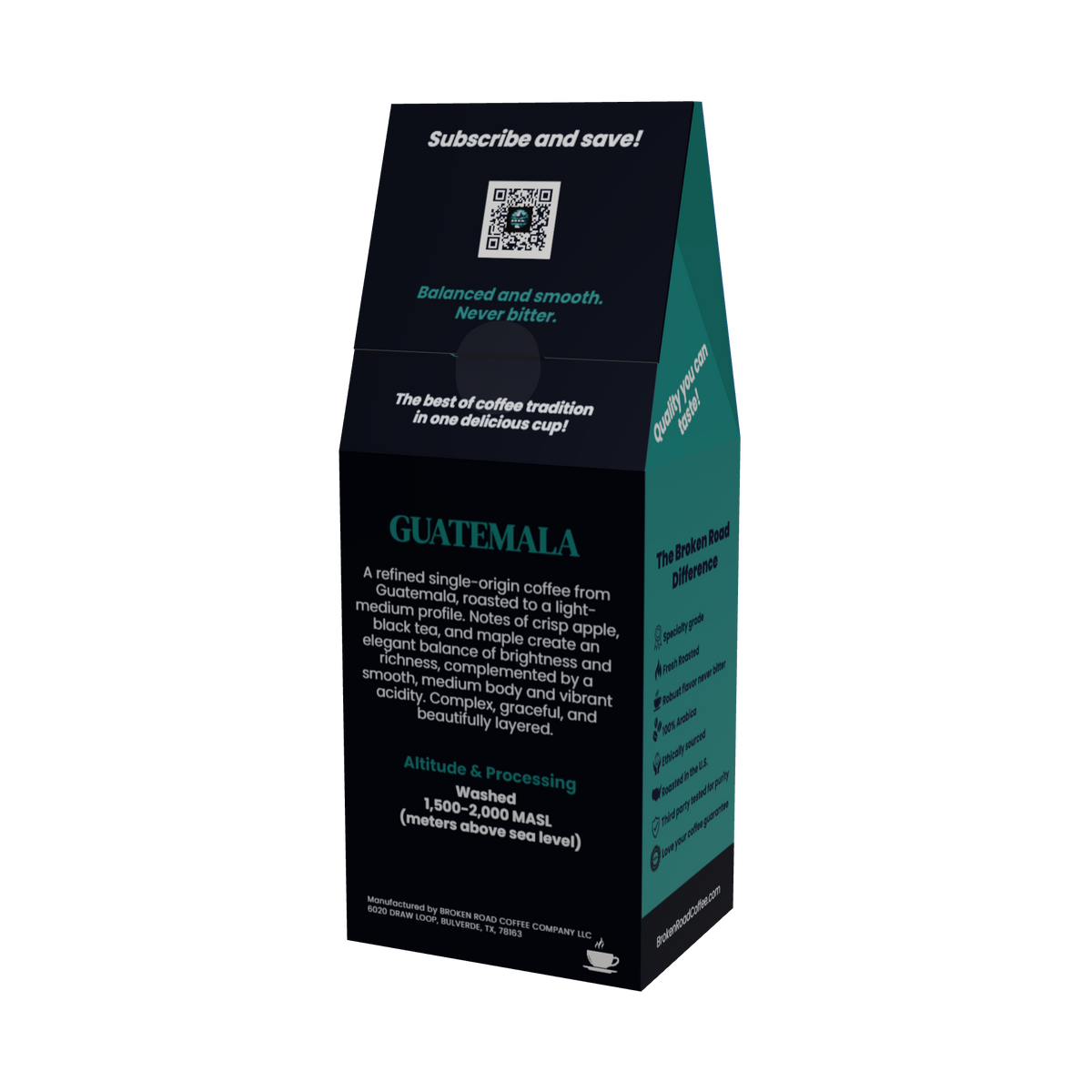 A tall, black coffee bag package with teal side panels and white text, photographed on a clean white background. The front reads 'Subscribe and save!' and 'Guatemala,' with a QR code near the top.