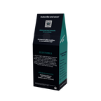 A tall, black coffee bag packaging box for Guji Typica, shown on a plain white background. The box features dark teal side panels and black front panels with white and teal text detailing the coffee's origin, flavor profile, and processing methods.