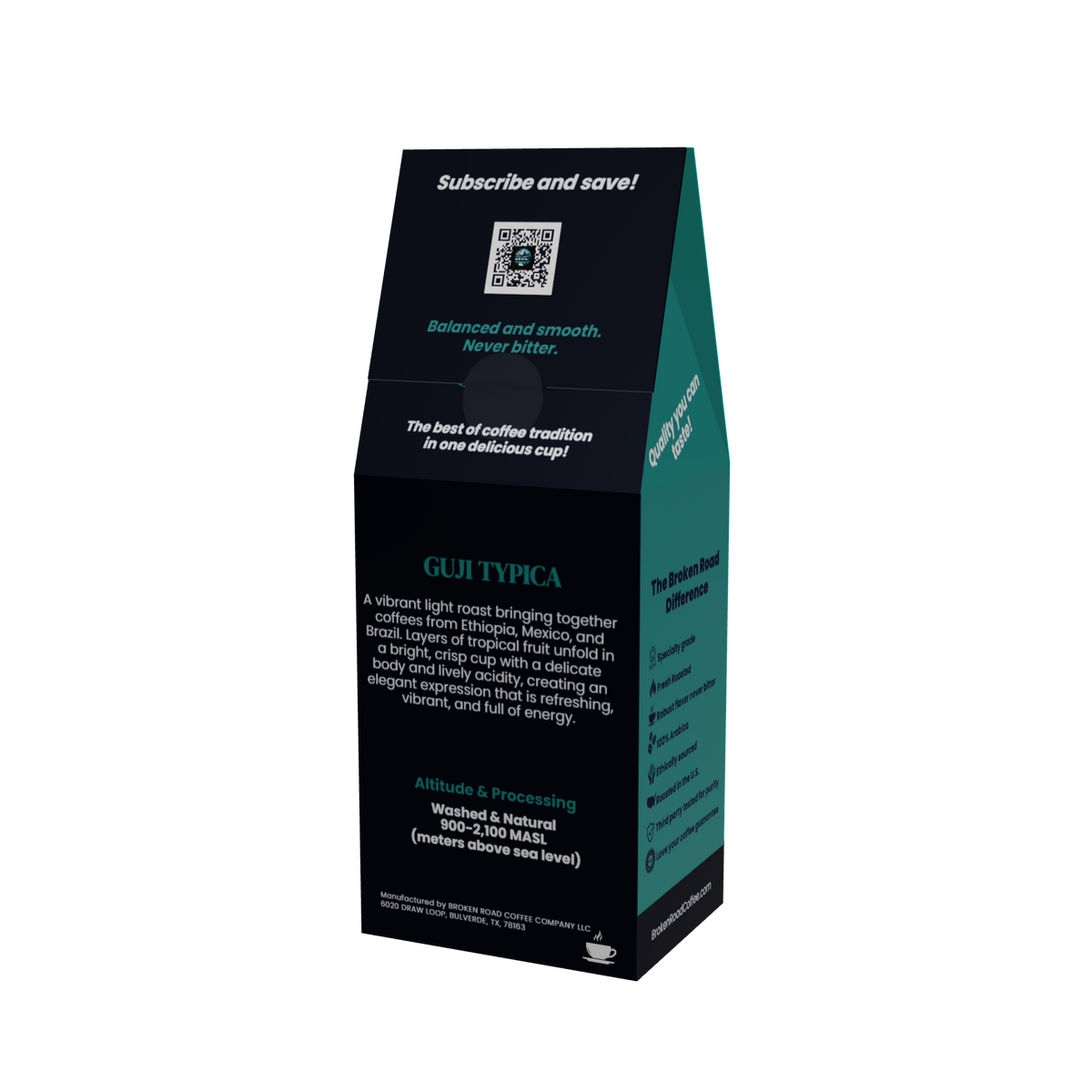 A tall, black coffee bag packaging box for Guji Typica, shown on a plain white background. The box features dark teal side panels and black front panels with white and teal text detailing the coffee's origin, flavor profile, and processing methods.