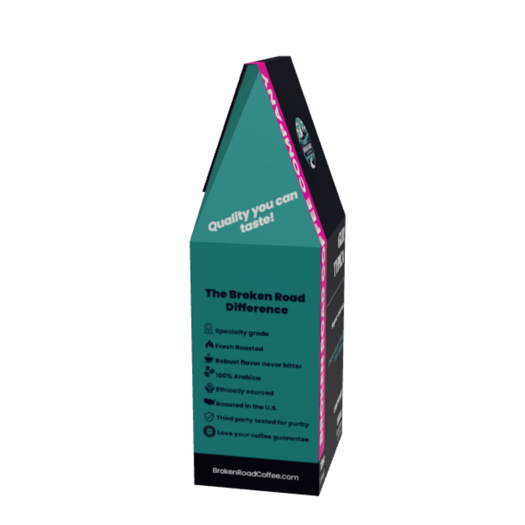 A coffee Guija Typica coffee, featuring a teal front panel with black side panels and a bright pink zigzag stripe. 