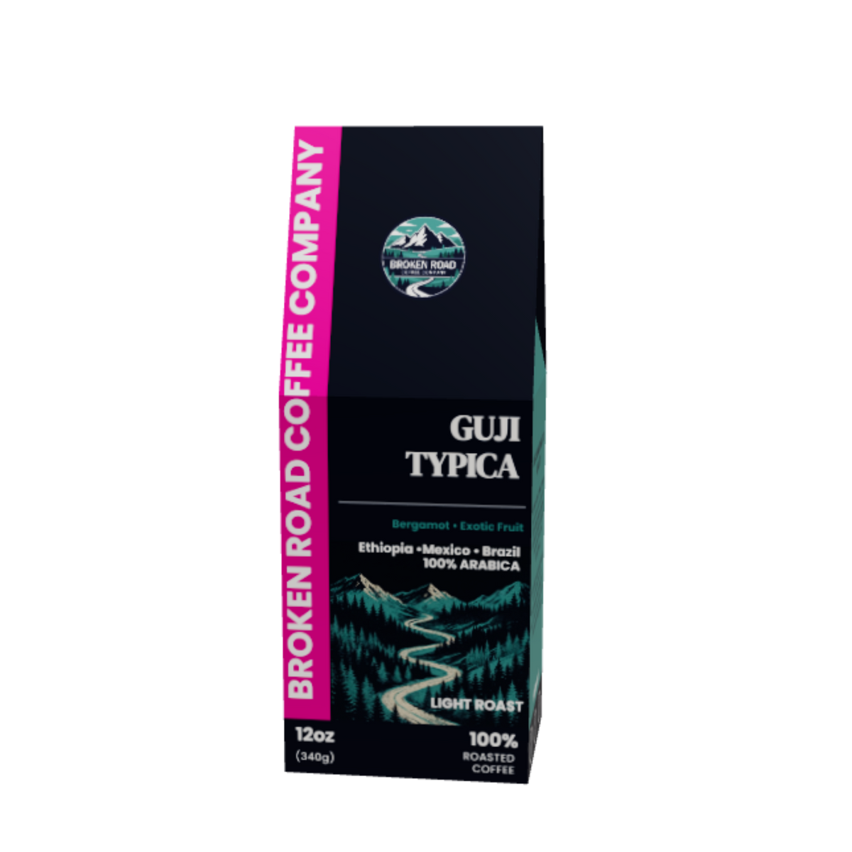 A 12oz bag of Broken Road Coffee Company Guija Typica coffee, featuring a dark navy blue package with a pink vertical brand banner and a scenic mountain illustration.